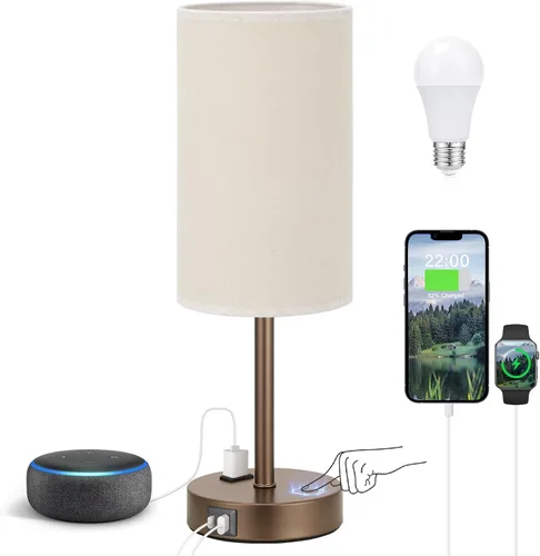Miniatura 36 de Fenmzee Juego de lámparas de mesa pequeñas táctiles regulables de 2 a 3 vías, carga USB A + C, salida de CA, base de grano de madera, bombillas