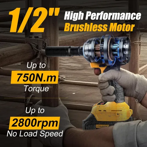 Miniatura 5 de Llave de impacto sin escobillas de 1/2 pulgada 750N.m (553 pies-libras) Pistola de impacto de alto par de 20 V con batería de 2 x 4.0 AH y cargador