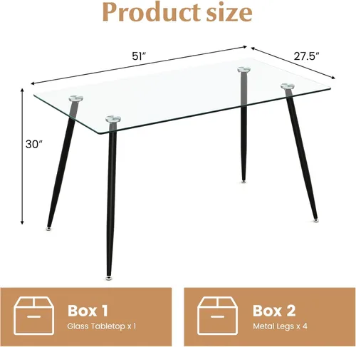 Miniatura 2 de Moccha - Mesa de comedor de cristal de 51 pulgadas, mesa rectangular moderna con amplia mesa de vidrio templado y patas de metal negro, almohadillas