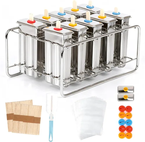 Juego de 10 moldes para paletas de acero inoxidable, moldes caseros para paletas con 100 palitos, 20 bolsas, 22 sellos de silicona, 1 cepillo de