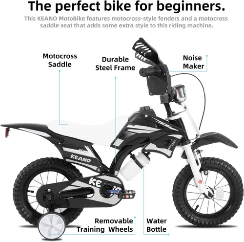 Miniatura 2 de KEANO - Bicicleta estilo motocross para niños y niñas de 12 y 16 pulgadas, con ruedas de entrenamiento y placa numérica, bicicletas para niños de 3