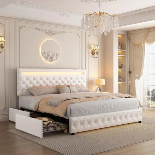 Miniatura 12 de GEGOFORU Marco de Cama LED King con 4 Cajones de Almacenamiento, con Control Inteligente de Luces LED RGBW en Cabecero y Piecero, Control