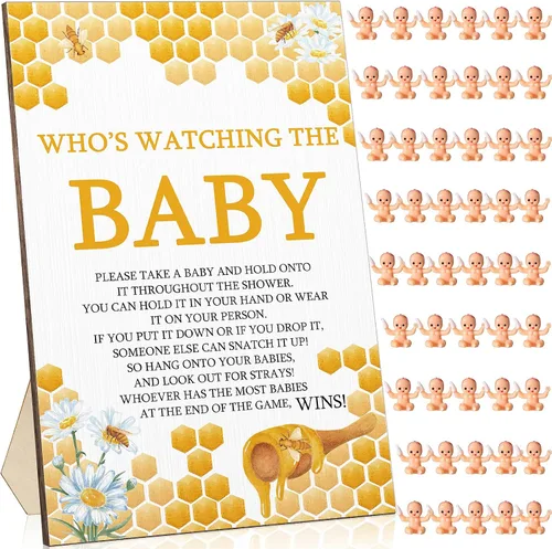 Roowest Juego de 51 piezas de juguetes geniales para baby shower, con texto en inglés "Who's Watching The Baby", juegos de regalo de madera para