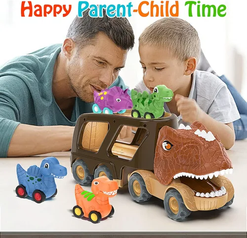 Miniatura 6 de Veslier Juego de camiones de dinosaurios para niños de 2, 3, 4, 5 años, camión transportador de fricción con 4 paquetes de pequeños coches