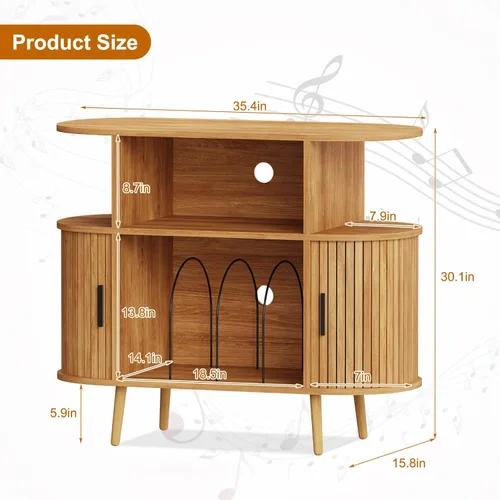 Miniatura 2 de Soporte para tocadiscos de 35.4 pulgadas con almacenamiento, gabinete de almacenamiento de discos de vinilo y consola multimedia con capacidad