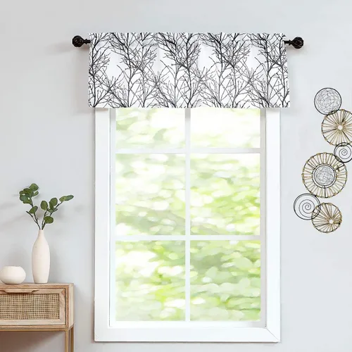 Miniatura 2 de FMFUNCTEX Cortinas de cenefa de ventana con estampado de ramas de árbol negro, cenefa corta semitransparente blanca para cocina, baño, bolsillo