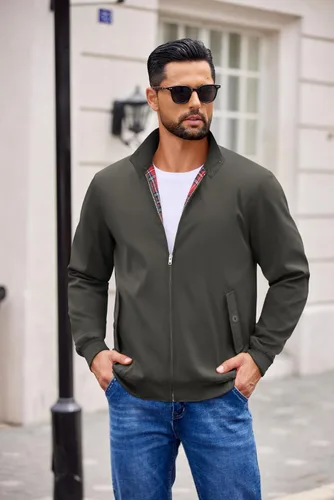 Miniatura 5 de COOFANDY - Chaquetas ligeras para hombre, chaqueta casual de estilo cortavientos con cremallera, cuello parado, chaqueta de golf elegante