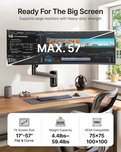 Miniatura 2 de monTEK Soporte de pared para monitor para pantallas ultraanchas de 17-57" hasta 59.4 libras, brazo de monitor individual de resorte de gas