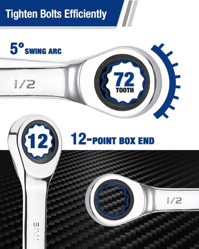 Miniatura 3 de WORKPRO Llave combinada de trinquete de 1/2 pulgada SAE, CR-V construida con cromado pulido espejo, diseño de 12 puntos, desplazamiento de 15 grados