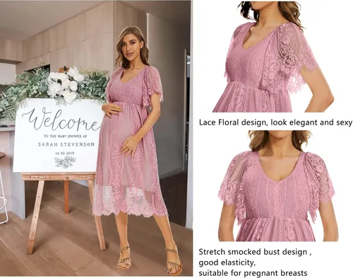 Miniatura 5 de Vestido de maternidad de manga corta con cuello en V bohemio para baby shower, sesión de fotos, vacaciones, vestido de maternidad de lunares suizos
