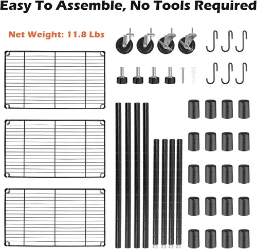 Miniatura 7 de WDT Estantes de almacenamiento de 3 niveles, estantes de metal resistente, estante ajustable con ruedas para el hogar, oficina, garaje, cocina