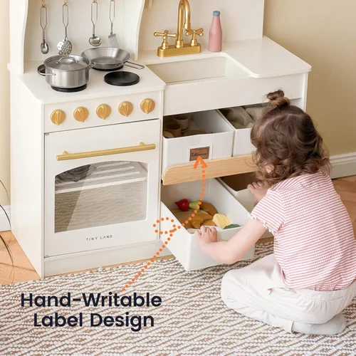 Miniatura 12 de Tiny Land - Cocina de juguete para niños, de madera, con sistema de almacenamiento, juego de cocina con muchas funciones de juego, de juguete