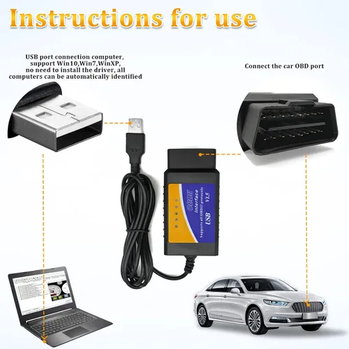 Miniatura 3 de Adaptador de cable de diagnóstico OBDII USB V1.5 Escáner OBD2 para múltiples marcas CAN-Bus para Windows, escáner de fallas de coche OBDII, tester