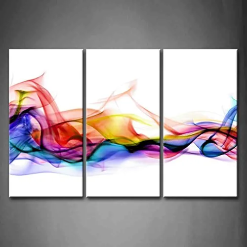 First Wall Art Pintura en 3 paneles, fresca, de colores, abstracta, de humo de colores en fondo blanco. Arte decorativo para pared, en lienzos
