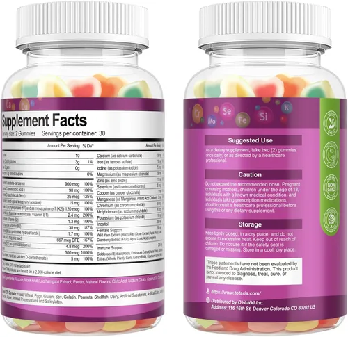 Miniatura 9 de Totaria Gomitas multivitamínicas sin azúcar para mujer con hierro, multivitamínico para mujer con vitaminas C, D3 K2, B12, B6, gomitas rellenas