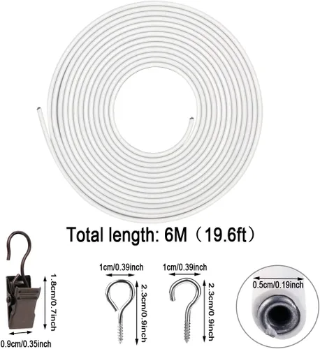 Miniatura 2 de Alambre blanco para cortina de 19.7 ft para decoración de pared, kit para colgar cuadros con 10 clips de cortina, 10 pares de ojos de tornillo