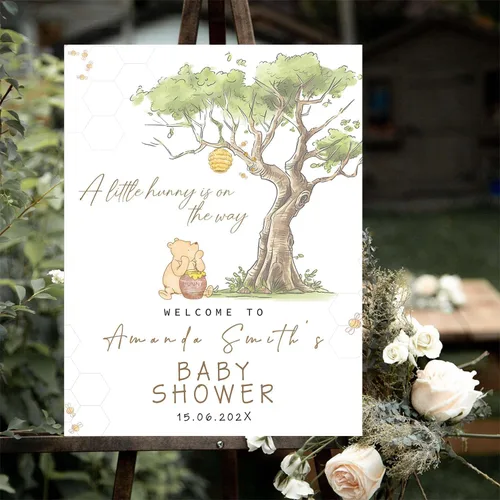 Miniatura 11 de Letrero personalizado para baby shower de oso Pooh, diseño clásico de vegetación personalizada, letrero de bienvenida para patio de baby shower