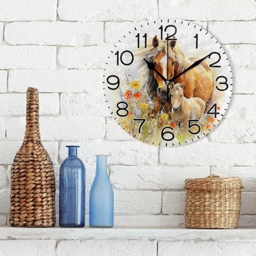 Miniatura 3 de Reloj de pared con diseño de flores de caballos, funciona con pilas, sin tictac, de cuarzo, analógico, rústico, rústico, reloj redondo, decoración