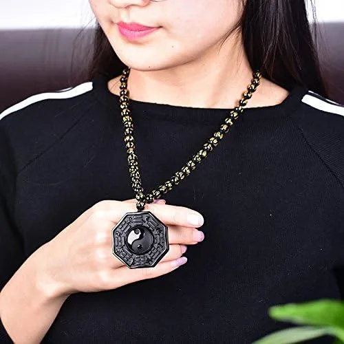 Miniatura 5 de Kitch Aroma Natural Tai Chi Grabado Negro Piedras de Obsidiana Colgante Collar con Extend Bead Chain