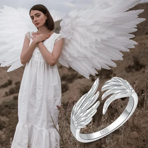 Miniatura 2 de Anillo de plata de ley 925 con alas de ángel y plumas ajustables y delicadas para mujeres, adolescentes y niñas, Metal, Zirconia cúbica