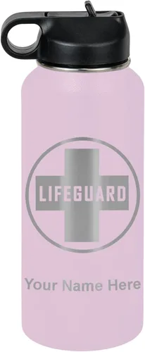 Miniatura 24 de LaserGram Botella de agua personalizada, salvavidas, acero inoxidable de doble pared aislada al vacío con popote superior, regalo grabado Negro