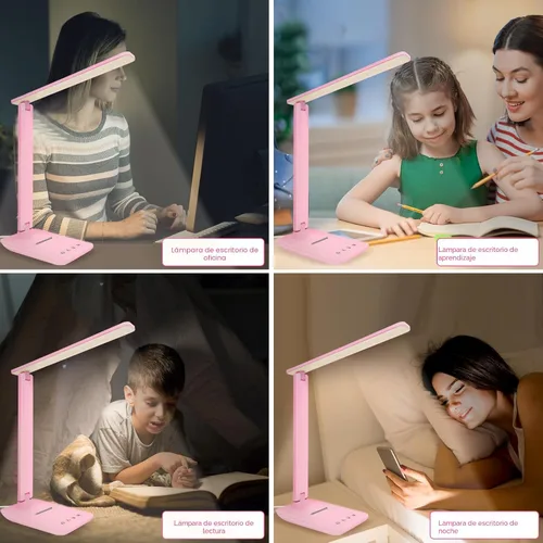Miniatura 6 de Lámpara de escritorio LED White Crown, lámpara de mesa regulable, lámpara de lectura con puerto de carga USB, 5 modos de iluminación, control Rosa