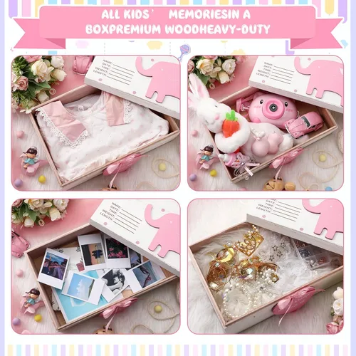 Miniatura 3 de Soaoo Caja de recuerdos de madera 3D para bebés, caja de recuerdos de elefante para niñas y niños, regalo para nuevos padres, recién nacidos, Rosa