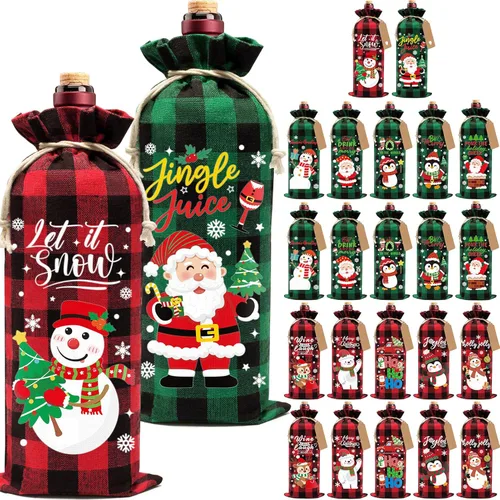 Miniatura 9 de Aoonby 12 piezas de bolsas de vino de arpillera, bolsas de regalo de vino de Navidad para botellas, regalos, bolsa de botella de Navidad con cordón