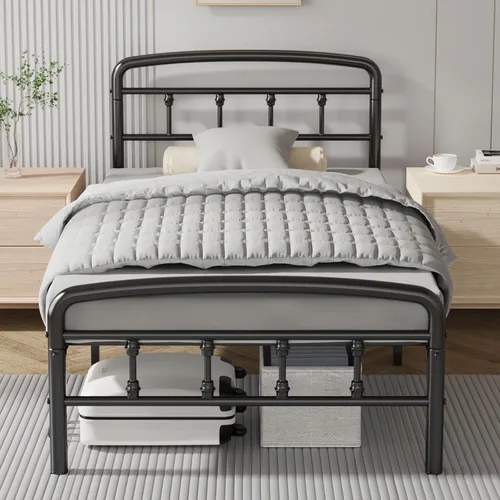 Bastidores de cama de metal tamaño individual, marcos de cama resistentes de 1500 libras con cabecero, diseño sin ruido y almacenamiento debajo de