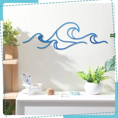 Miniatura 4 de Seeloowy Decoración de pared ondulada, alambre de metal azul, arte de pared con diseño de océano costero, playa, imágenes de surf, guardería