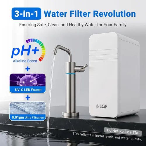 Miniatura 2 de LCF 0.01μm Ultra-filtración debajo del fregadero Sistema de filtro de agua, purificador de agua mineral alcalino de 3 etapas, grifo LED UV-C