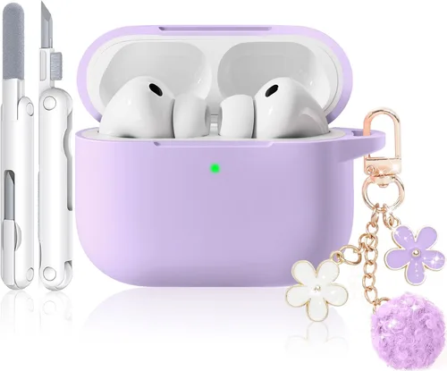 Miniatura 25 de Funda para AirPods Pro 2 con bonito llavero y bolígrafo de limpieza, funda de silicona suave para AirPods Pro de 2ª/1ª generación para mujeres
