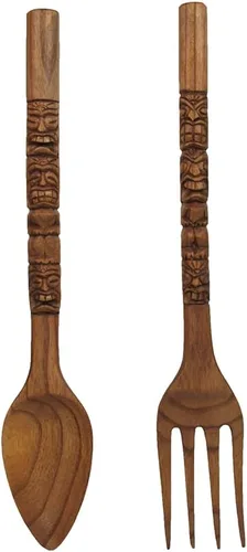 Miniatura 2 de Zeckos Arte de decoración de pared con cuchara y tenedor de madera tallada con diseño Tiki – Juego de decoración de utensilios de madera – 16