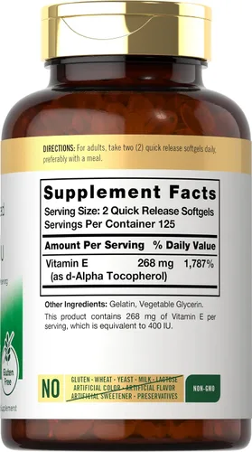 Miniatura 2 de Carlyle Cápsulas blandas de vitamina E de 400 UI 250 unidades Suplemento de origen natural para hombres y mujeres Sin OMG y sin gluten