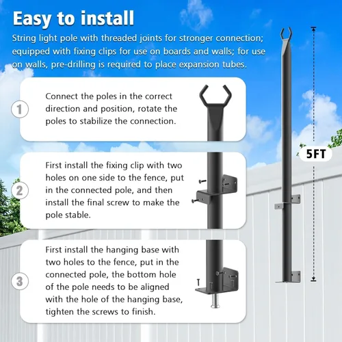 Miniatura 7 de Beizelte 4 Pack 5Ft String Light Poles,Outside String Lights,Outdoor Light Poles,Metal Poles Stand for Patio,Backyard,Deck