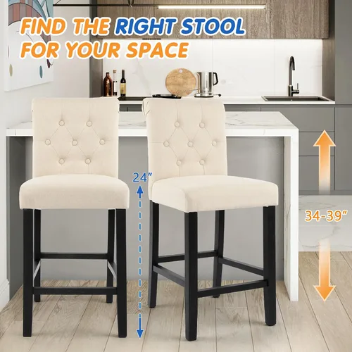 Miniatura 5 de LSSPAID Juego de 2 taburetes de bar de 24 pulgadas de altura, taburetes de bar tapizados de tela acolchada para isla de cocina con respaldo copetudo