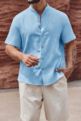 Miniatura 2 de Makkrom Camisa guayabera de lino para hombre, con botones, manga corta, casual, cubana, mexicana, cuello de banda, tops de verano para la playa