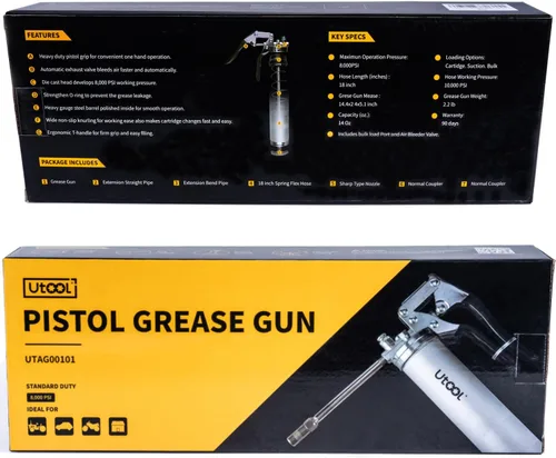Miniatura 9 de UTOOL Pistola de engrase, kit de pistola de engrase resistente de 8000 PSI con capacidad de 14 onzas, manguera flexible de resina de 18 pulgadas, 2