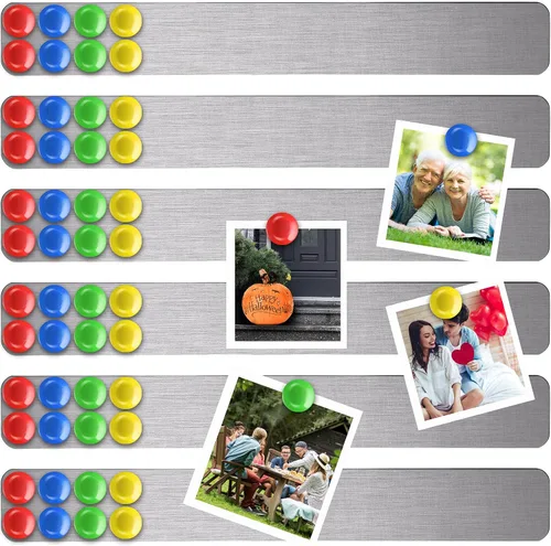 Miniatura 9 de Juego de 6 tiras magnéticas de 15 x 2 pulgadas para tablón de anuncios de recuerdo, con 48 imanes coloridos para oficina, hogar, pared, notas, fotos