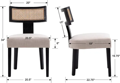Miniatura 3 de BESTANO Juego de 2 sillas de comedor de ratán, modernas sillas de comedor de madera negra de mediados de siglo, sillas de comedor tapizadas de tela