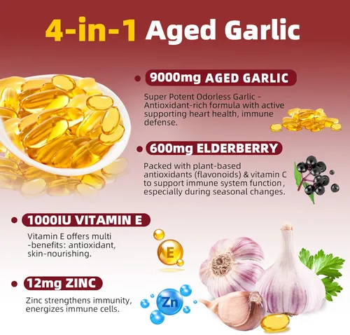 Miniatura 2 de Extracto de ajo añejo: 2 años de suplementos de ajo fermentado 4 en 1 sin olor con saúco, vitamina E y zinc para apoyo cardíaco e inmunológico