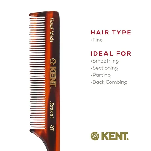 Miniatura 6 de Kent Peines de cola de rata 8T para peinar y seccionar, peine de dientes finos hechos a mano para trenzar el cabello y peinar para mujeres, corte