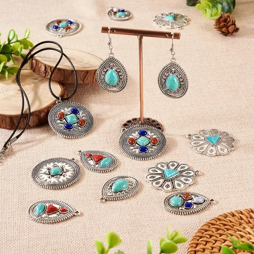 Miniatura 3 de Pandahall - 20 dijes de piedra turquesa estilo tibetano de aleación de lágrima, flor redonda, 6 estilos, dijes bohemios para hacer joyas, collares