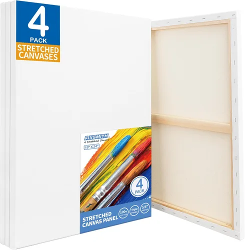 FIXSMITH Lienzo Blanco Virgen Estirado - 18x24 Pulgadas, Paquete de 4, Lienzo Grande Imprimado, 100% Algodón, Perfil de 5/8 Pulgadas de Paquete de