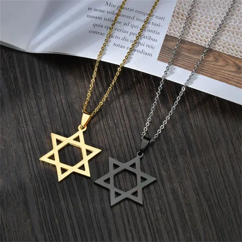Miniatura 2 de Pingyongchang Collar de acero inoxidable con dije de estrella de David chapado en oro, gargantilla simple y moderna, regalo para mujer