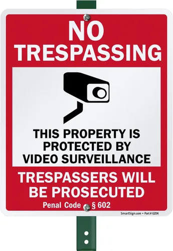 SmartSign Letrero de 12 x 10 pulgadas, "No Trespassing - Propiedad protegida por videovigilancia, código penal § 602" con estaca de 3 pies, aluminio