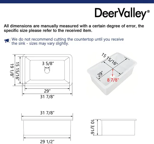 Miniatura 4 de DeerValley - Fregadero de cocina de montaje inferior de 32 pulgadas, fregadero de arcilla refractaria blanca, fregadero de cocina profundo de un