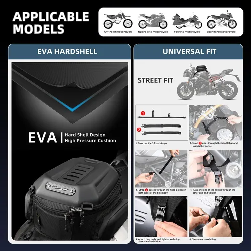 Miniatura 5 de Rhinowalk Bolsa de tanque para motocicleta, 15-18L expandible, almacenamiento impermeable para todo clima, fibra de carbono, color negro