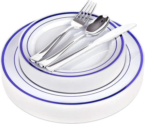 Miniatura 7 de Platos de plástico elegantes desechables de 125 piezas en blanco, azul y dorado con cubiertos, vajilla elegante para bodas, fiestas navideñas, juego