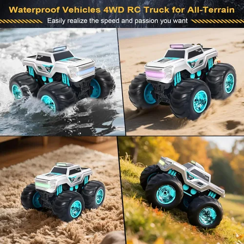 Miniatura 3 de Camión de control remoto anfibio impermeable para niños, giroscopio autoequilibrante Monster Truck con acrobacias de ruedas, luces LED, automóvil RC